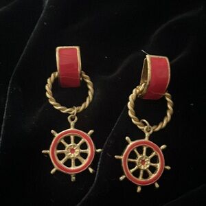 Vintage red Goldtone nautical pierced earrings with steering wheel